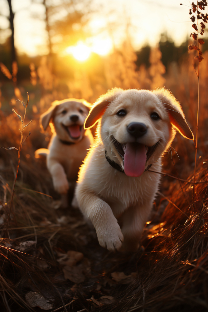 2 dogs running with happy face